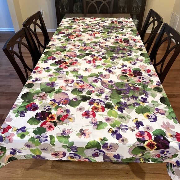 Italian Colorful Floral Tablecloth  58"X90" Multicolor Pansies No Iron Fabric - Picture 1 of 7